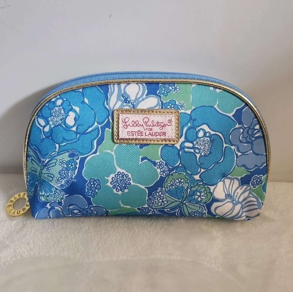 Lilly Pulitzer Estee Lauder Blue Green Floral Butterflies Cosmetic Makeup Bag